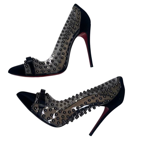 Christian Louboutin Studded PVC Suede Billie Et Boule Bow Pumps Size 37.5 Black - Picture 4 of 9